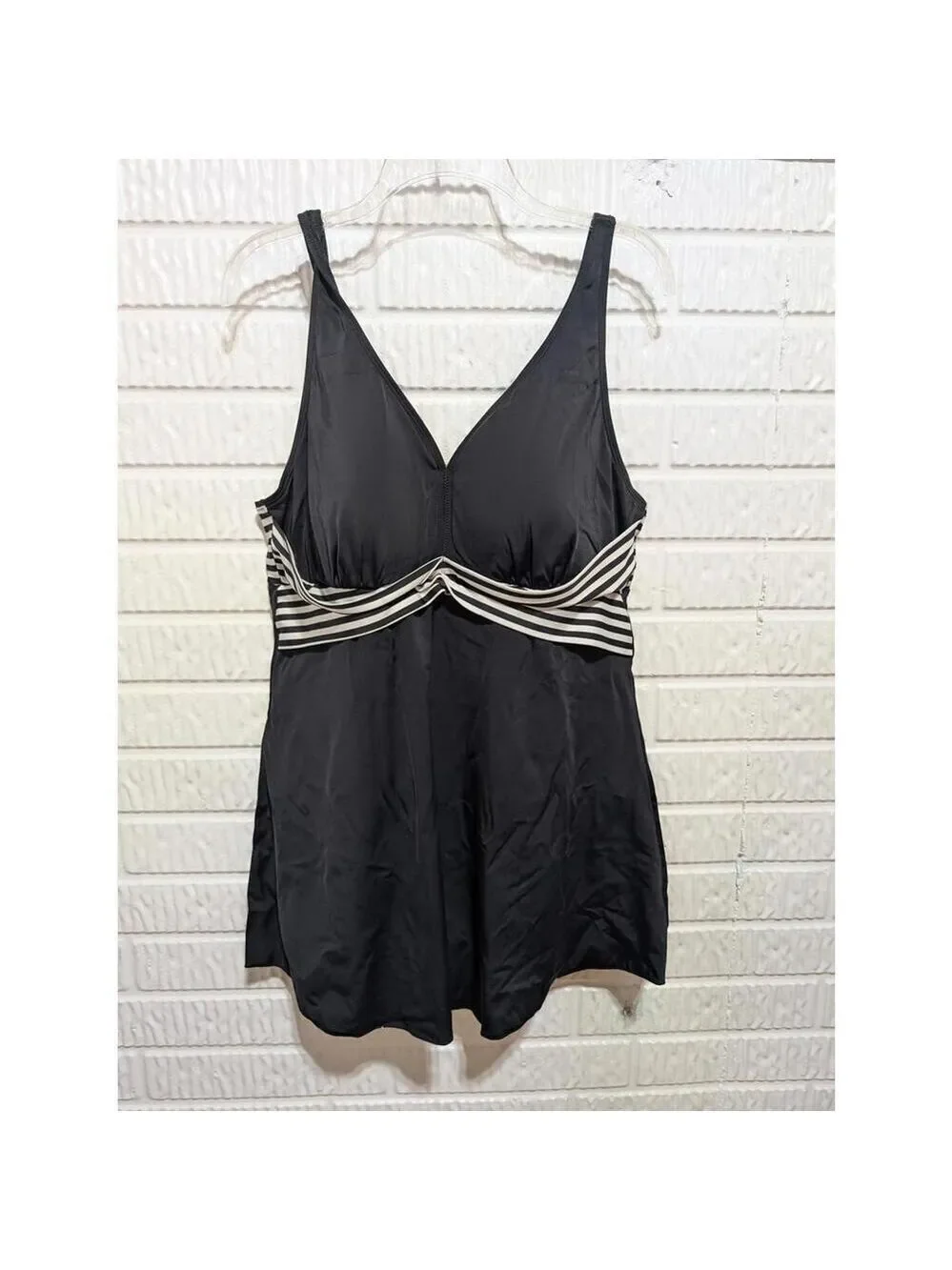 Septangle 18W Stylish Black Swim Dress with Striped Detail